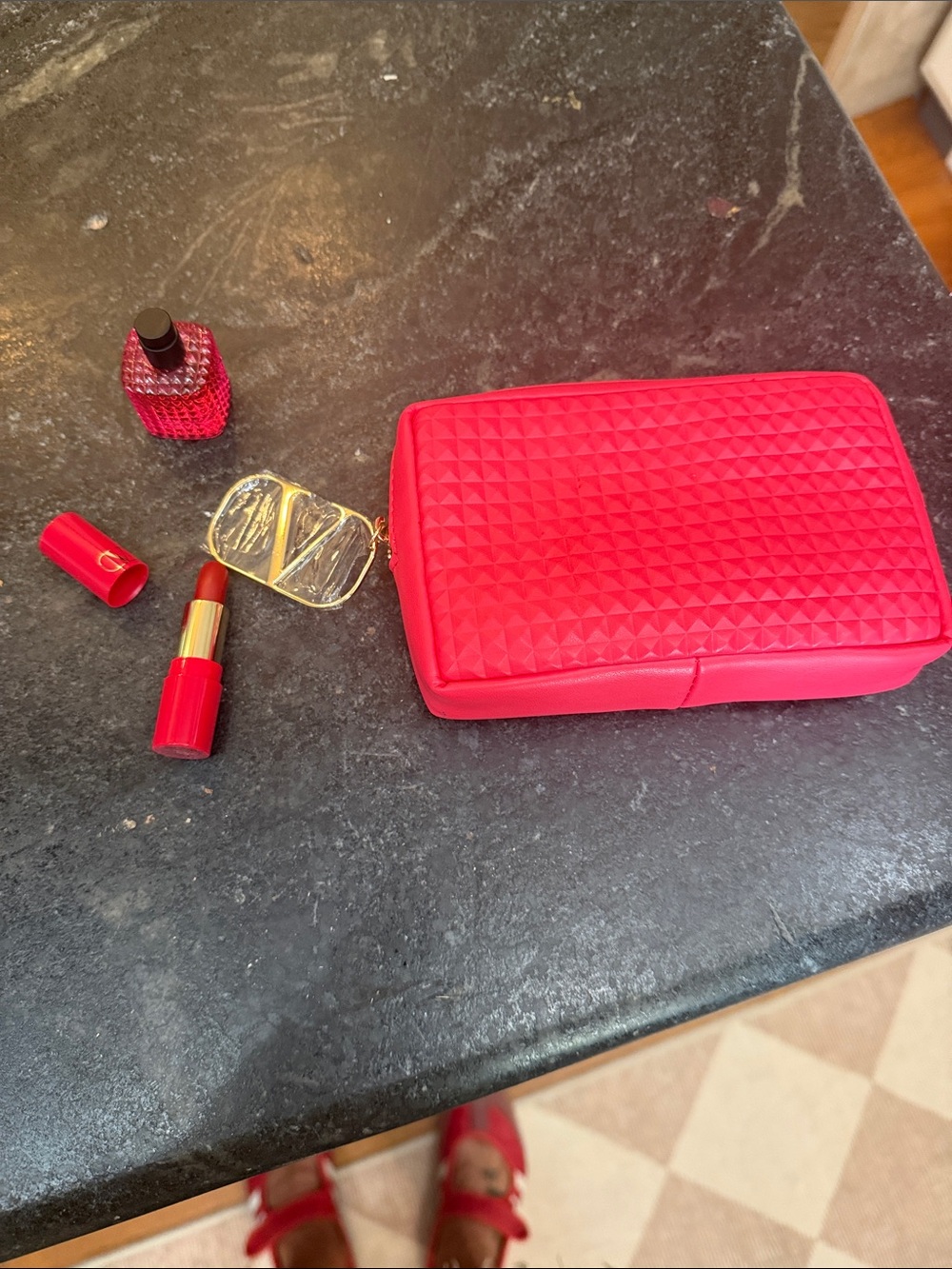 Valentino Garavani Red Quilted Makeup Pouch with  Lipstick and mini purfume